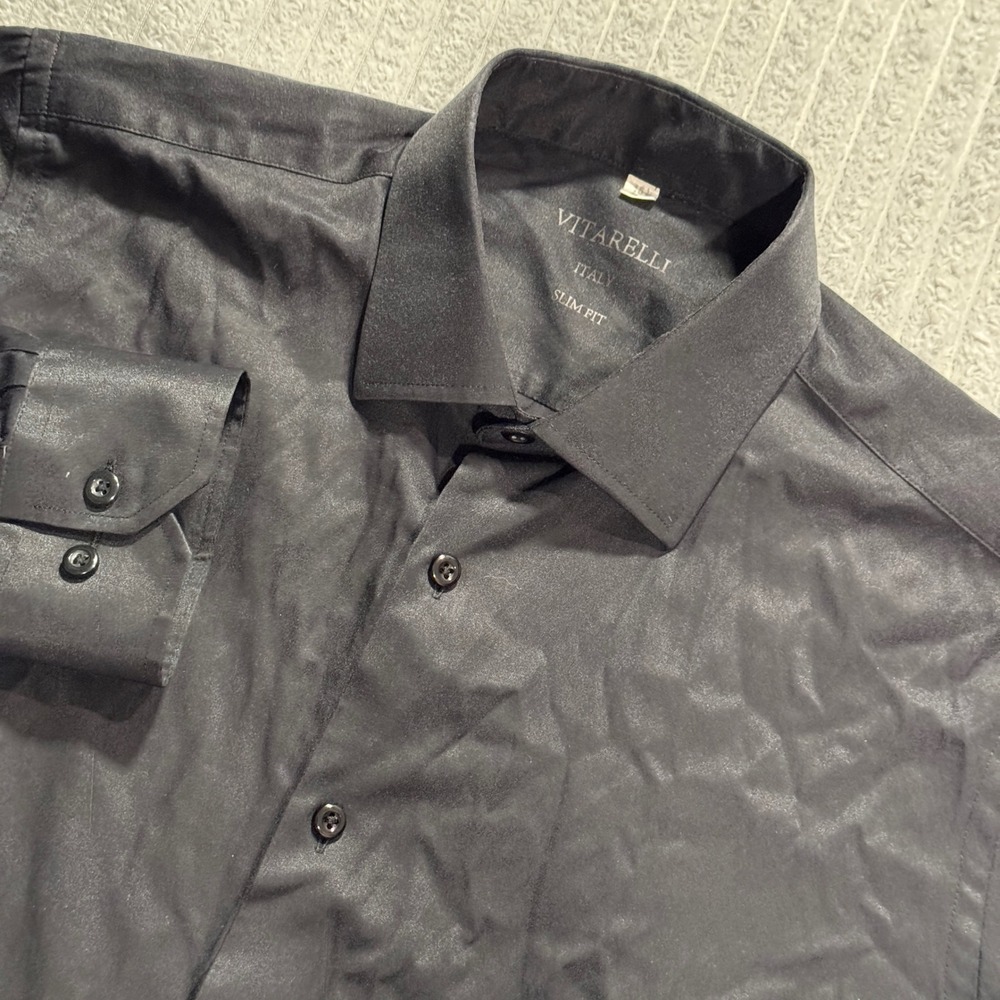 Vitarelli Shirt Men 15.5 34/35 Solid Black Cotton Italy Slim Formal Old Money
